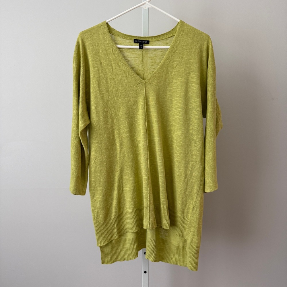 Eileen Fisher XS Chartreuse Linen V-Neck Sweater Beachy Relaxed Shabby Coastal